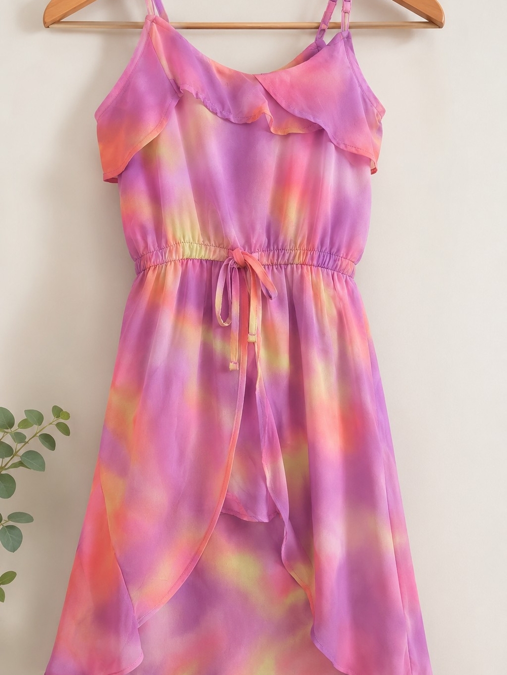 Girls Tie-Dye Pink & Purple Ruffle High-Low Dress
